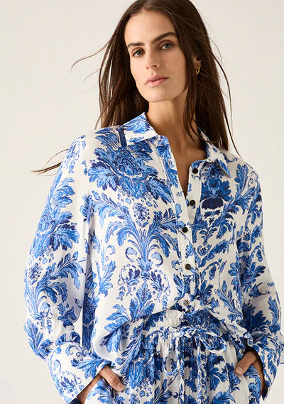 MOS The Label Adriana shirt in a blue floral available from Darling and Domain