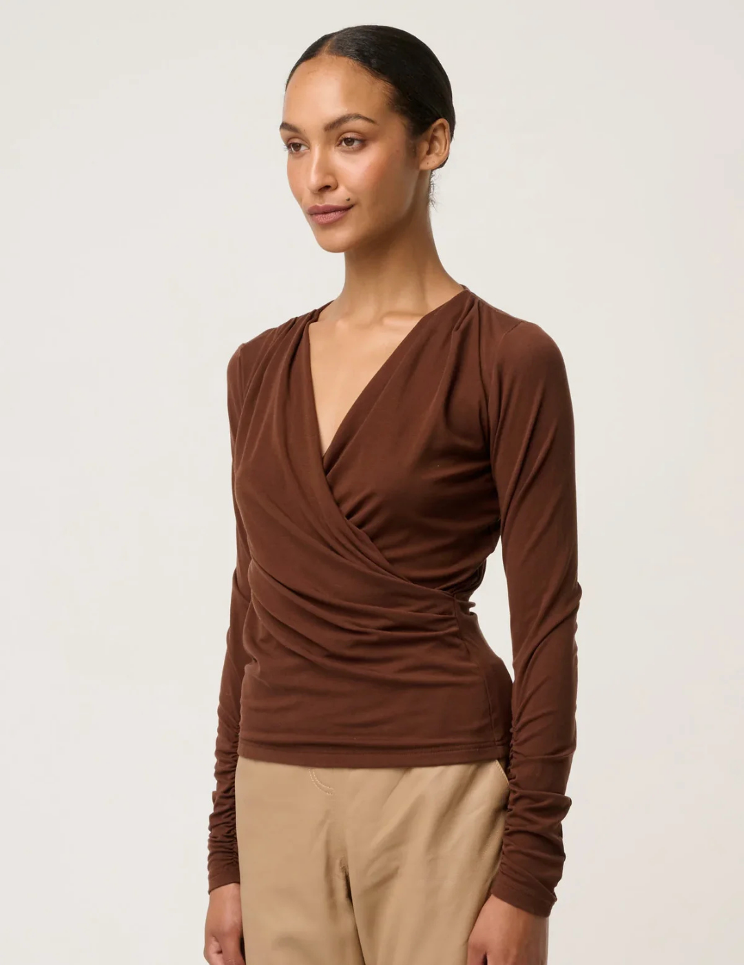 ASTER LYOCELL STRETCH WRAP TOP in Mocha by OnceWas