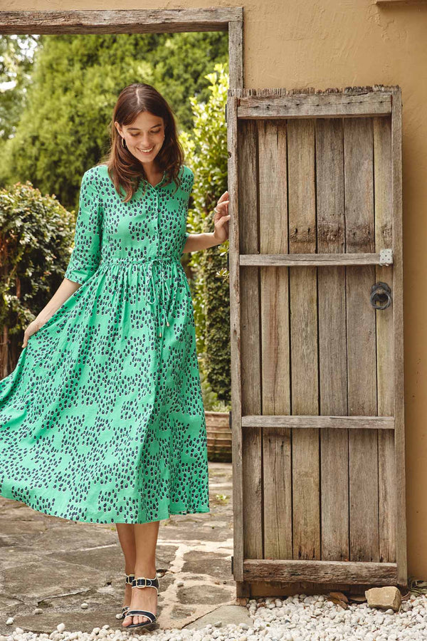Alessandra Serena linen dress in Emerald green martini print available from Darling and Domain