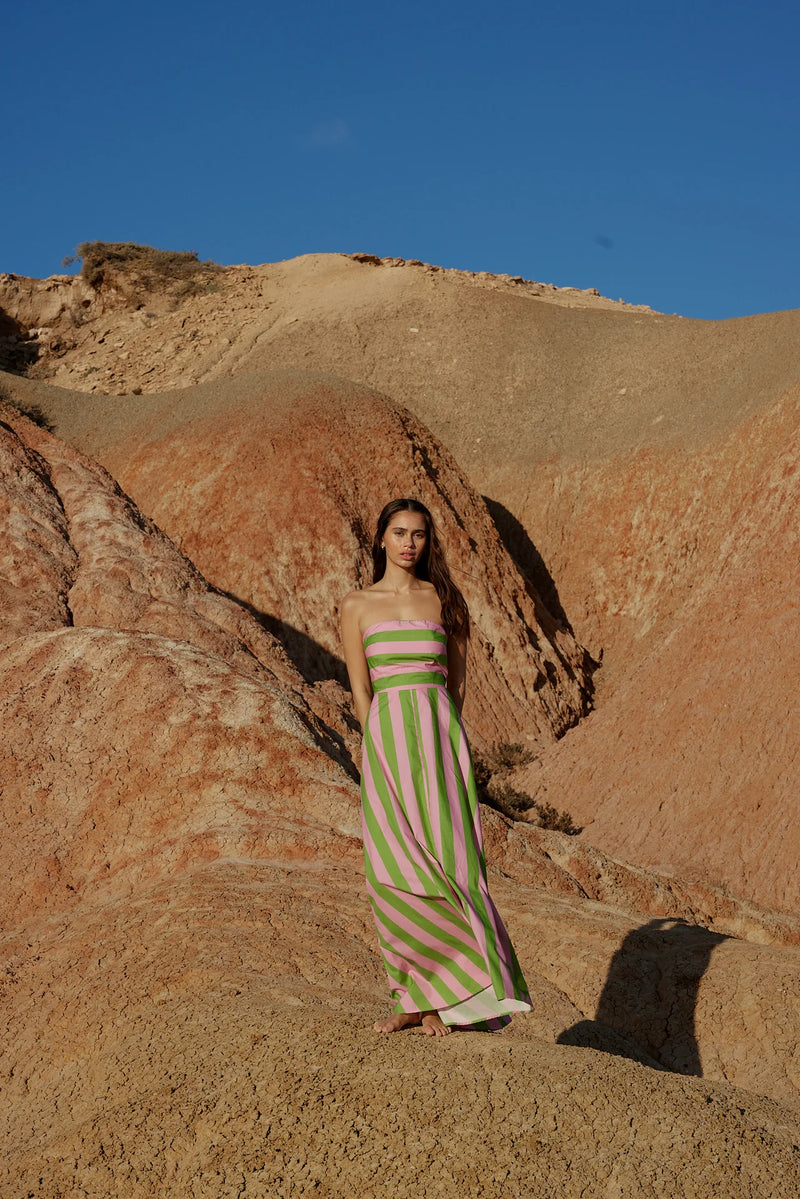 HAZEL DRESS IN SEAGRASS/SALMON STRIPE from Aston Studio