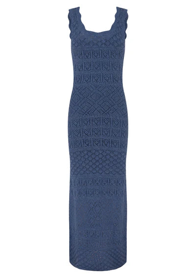 Mos The Label Bruna Pointelle Midi knit dress in harbour blue