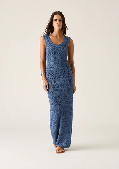 Mos The Label Bruna Pointelle Midi knit dress in harbour blue