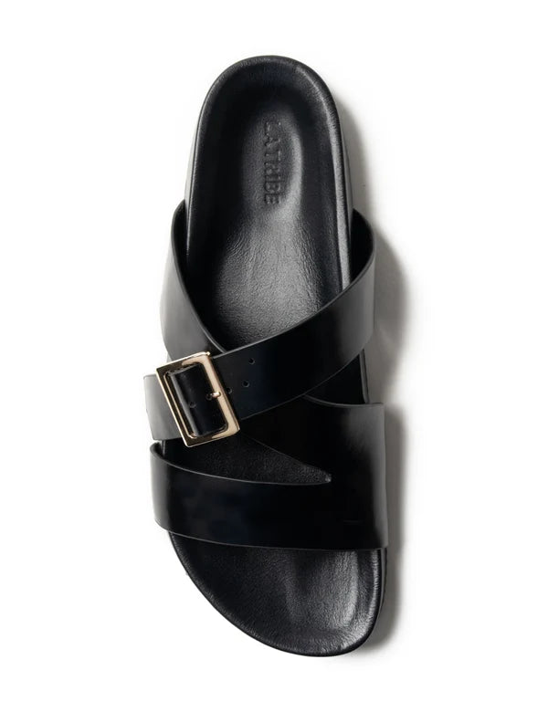 BUCKLE STRAP SLIDE in Black by La Tribe