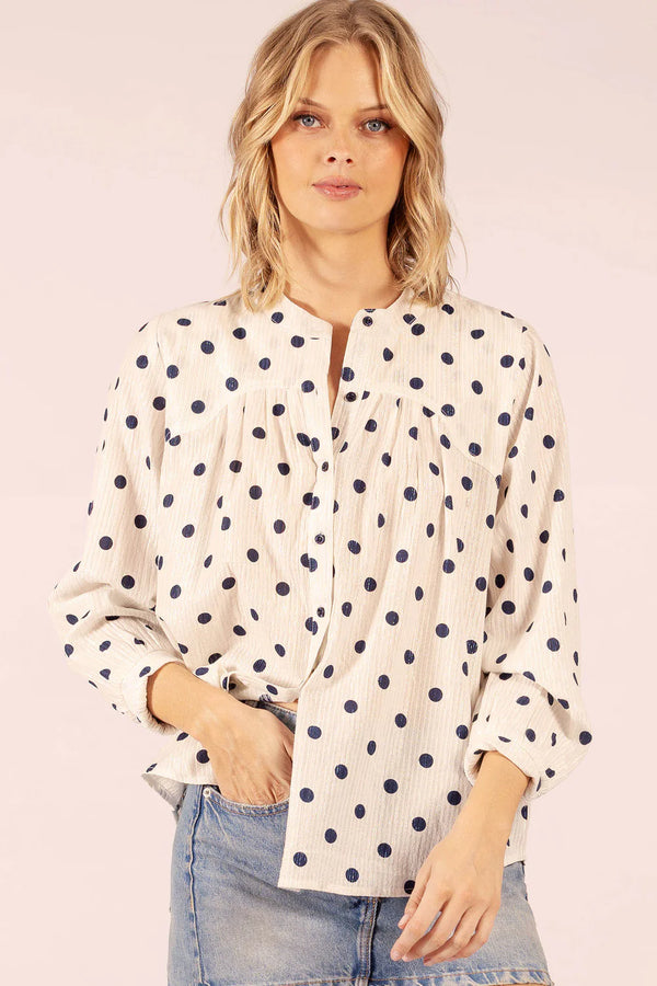 TEXAS SHIRT in Pola Dot White + Navy from Lola Australia