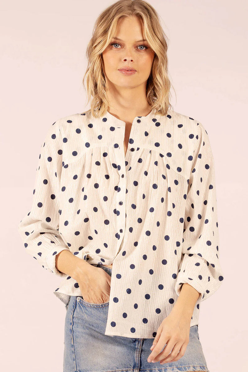 TEXAS SHIRT in Pola Dot White + Navy from Lola Australia