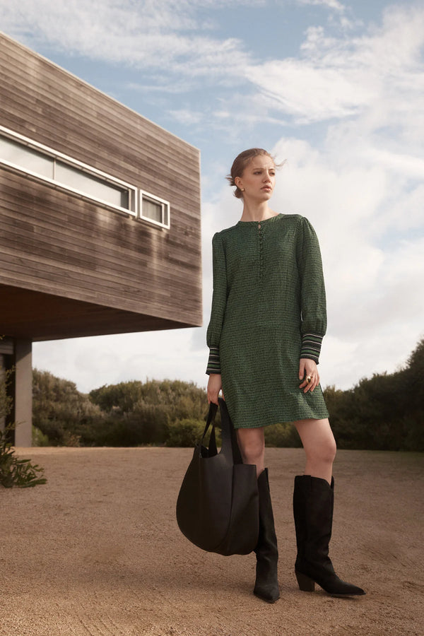 Cable Melbourne Vienna satin shift dress in a green print