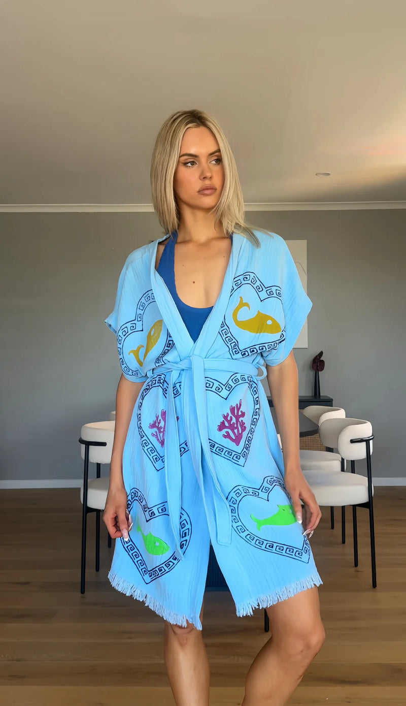 Cie Cie and Co Azure Midi Short Sleeve Robe in Sardine Coral