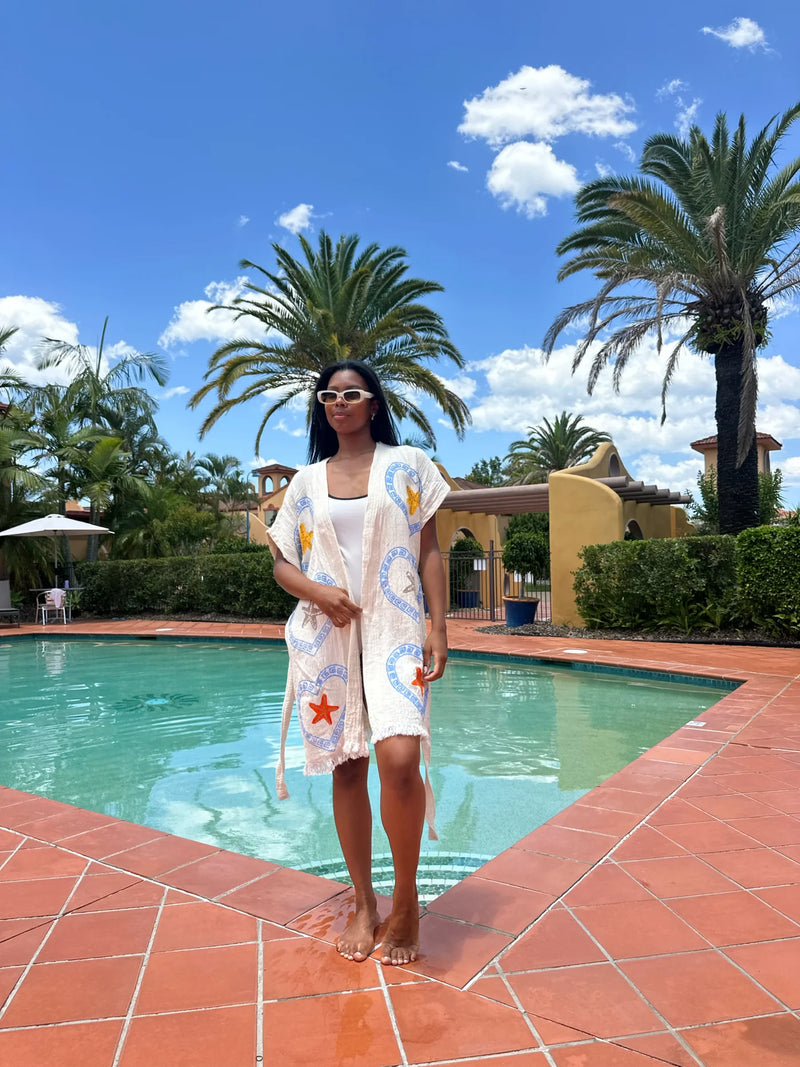 Cie Cie and Co Natural Midi Short Sleeve Robe in Light Blue Heart and Sea Star