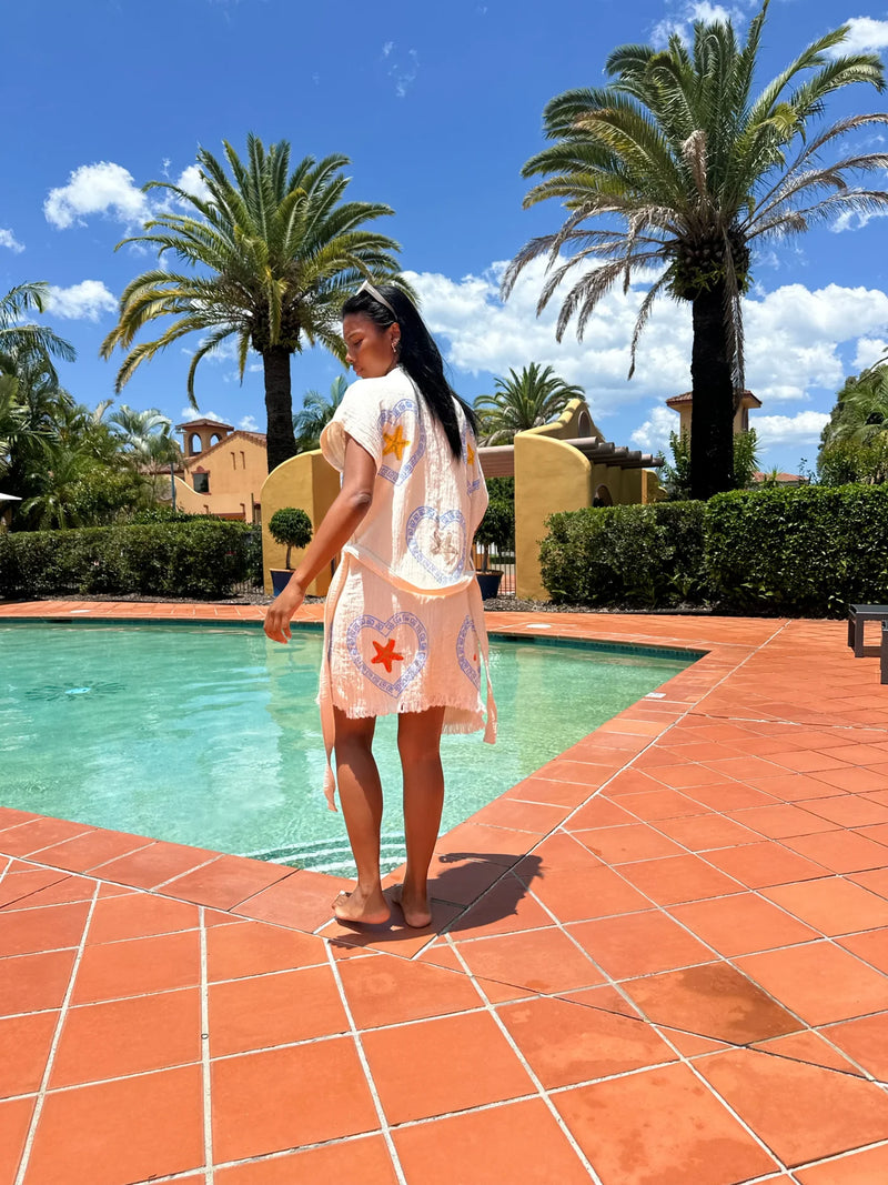 Cie Cie and Co Natural Midi Short Sleeve Robe in Light Blue Heart and Sea Star