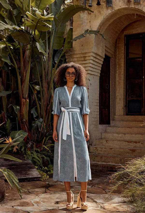 COBA LINEN VISCOSE MIDI DRESS in Del Mar Stripe from Oncewas
