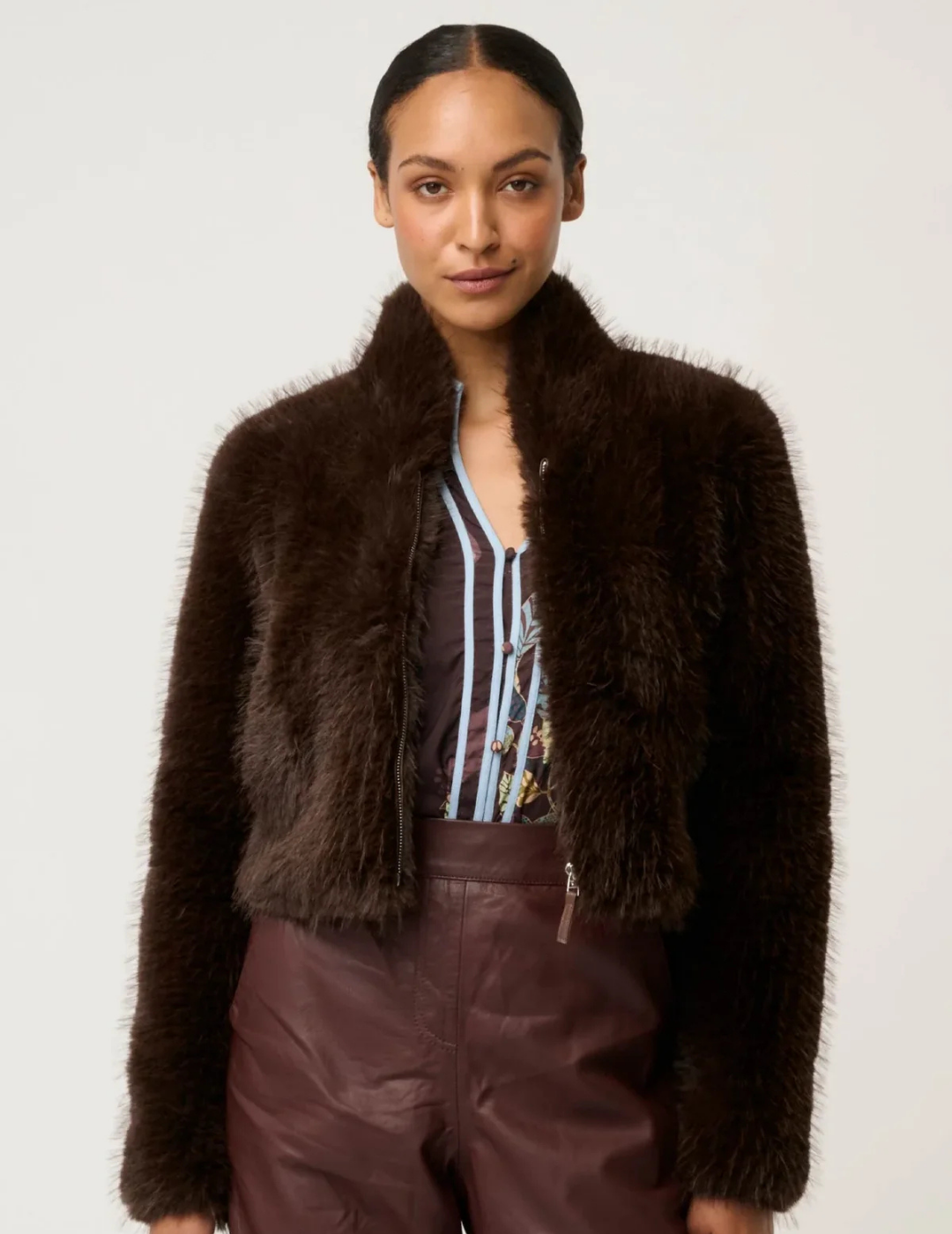 DAWN FAUX FUR CROPPED JACKET in Walnut by OnceWas