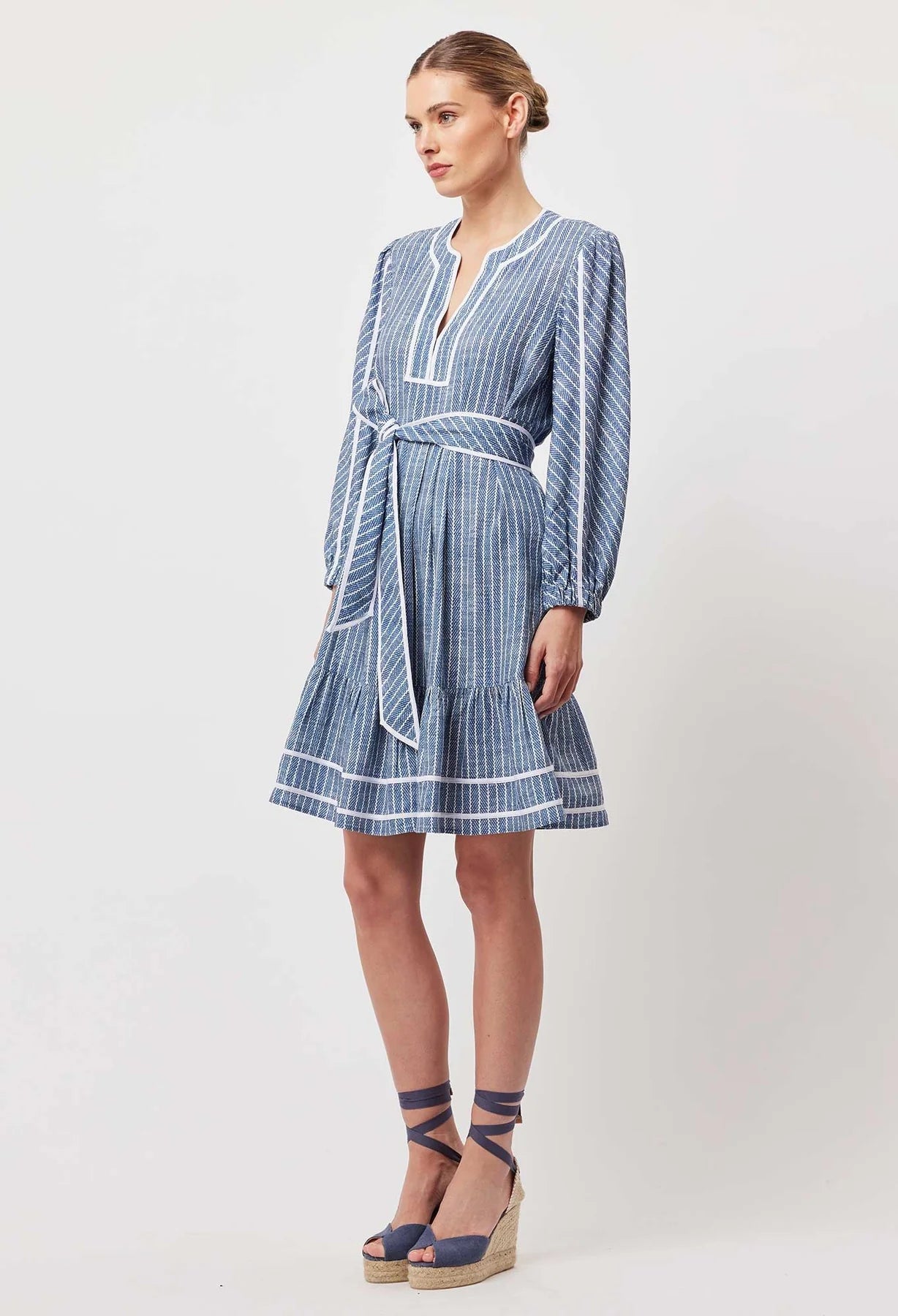 ANTIGUA LINEN VISCOSE BABYDOLL DRESS in Del Mar Stripe from Oncewas