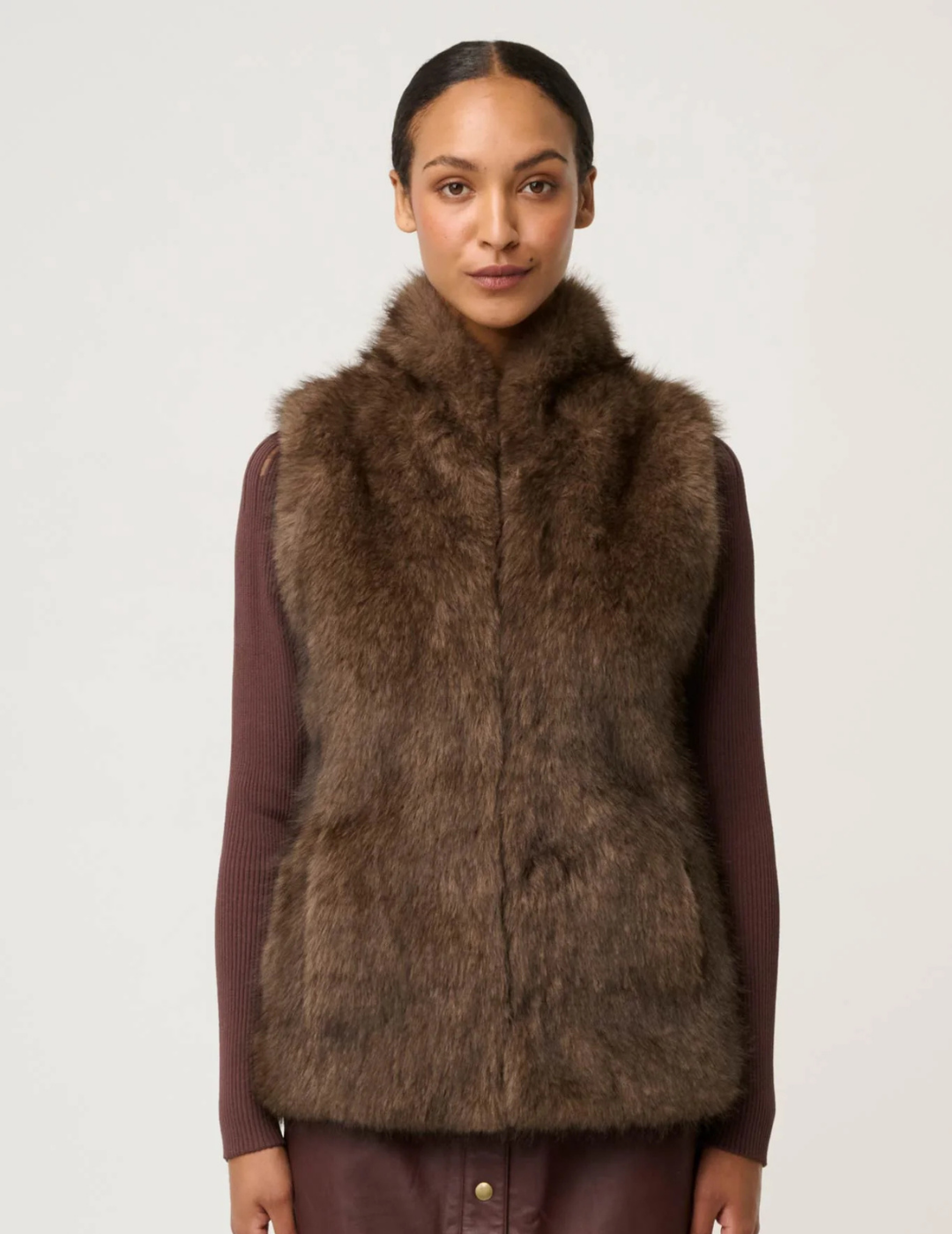 HAZEL FAUX FUR VEST in Walnut by OnceWas