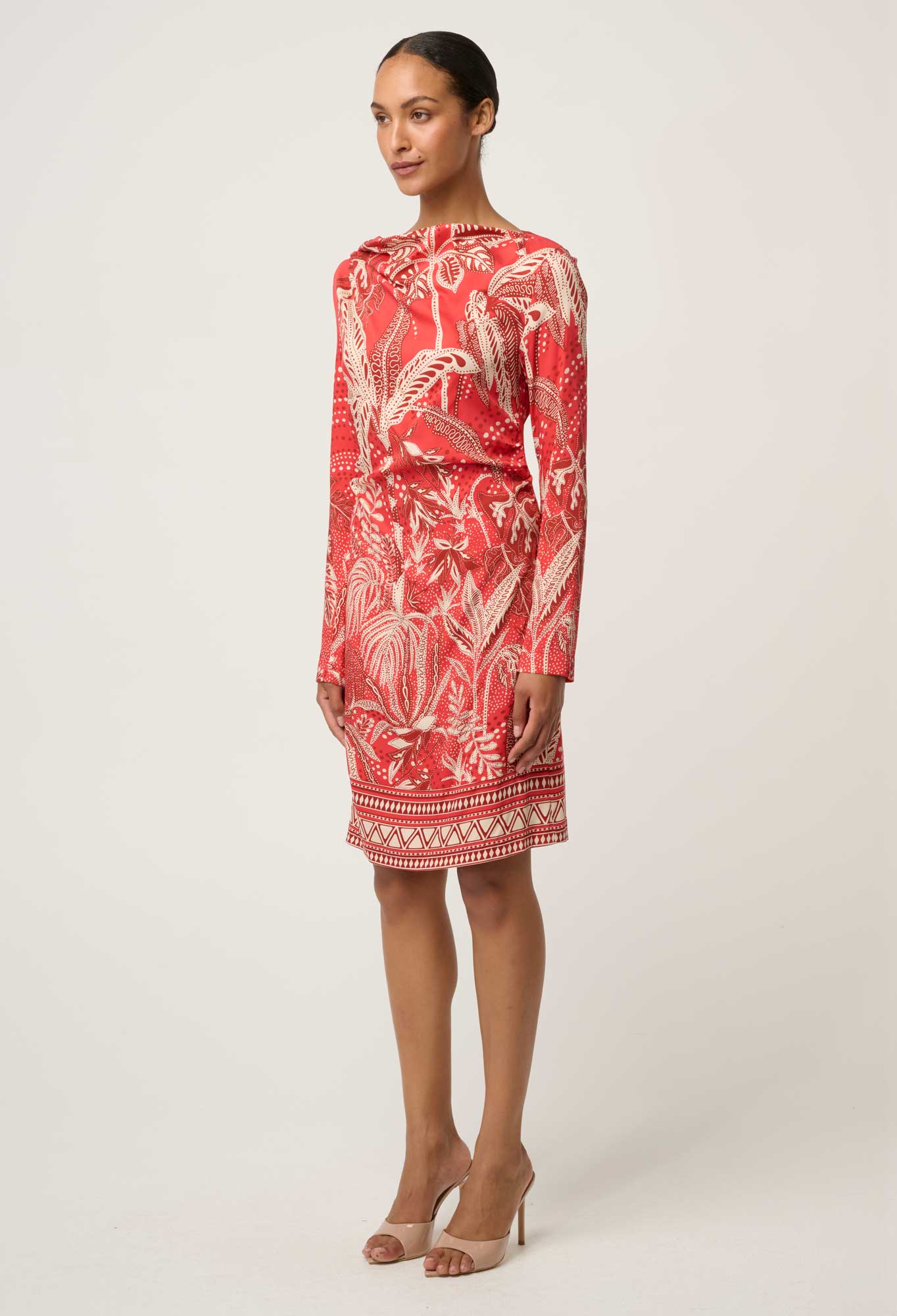 Helsa Draped Neck Cupro Viscose Stretch Long-Sleeve Dress in Crimson Palms by OnceWas