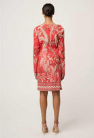 Helsa Draped Neck Cupro Viscose Stretch Long-Sleeve Dress in Crimson Palms by OnceWas