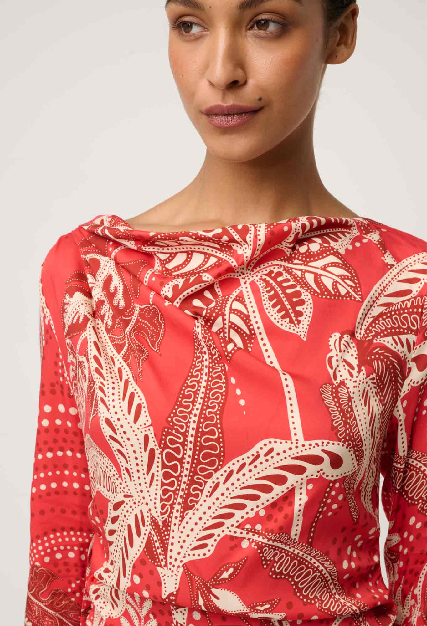 Helsa Draped Neck Cupro Viscose Stretch Long-Sleeve Dress in Crimson Palms by OnceWas