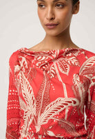 Helsa Draped Neck Cupro Viscose Stretch Long-Sleeve Dress in Crimson Palms by OnceWas