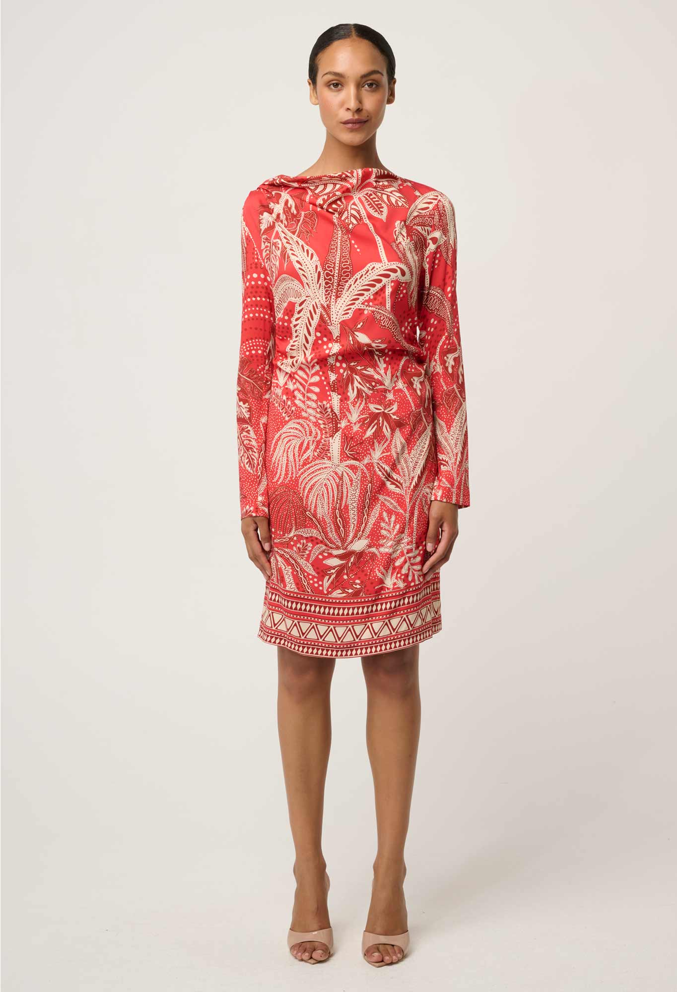 Helsa Draped Neck Cupro Viscose Stretch Long-Sleeve Dress in Crimson Palms by OnceWas