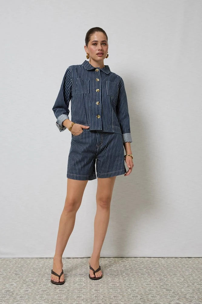 ZOLA LONG DENIM SHORT in Indigo Stripe by Dricoper