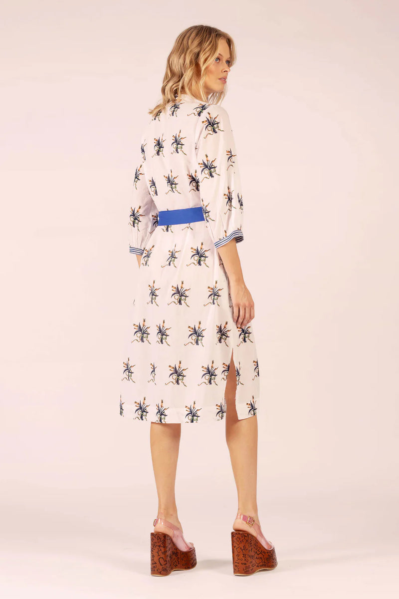 CIRQUE LINEN MIDI DRESS in Spray Navy + White from Lola Australia