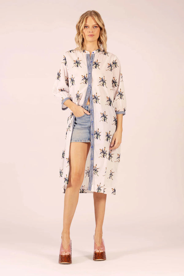 CIRQUE LINEN MIDI DRESS in Spray Navy + White from Lola Australia