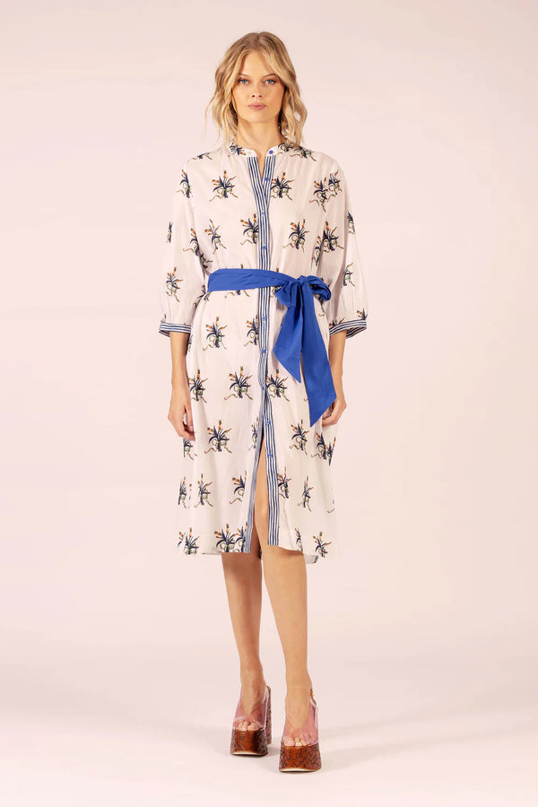 CIRQUE LINEN MIDI DRESS in Spray Navy + White from Lola Australia