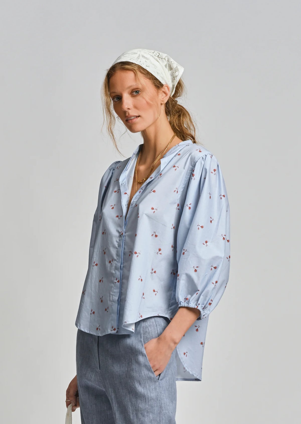LE CAFE CURTAIN ROSEBUD SHIRT in Bluebell from Le Stripe