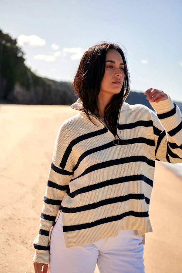 HALF ZIP RIBBED PULLOVER in Ivory + Navy from Maxted