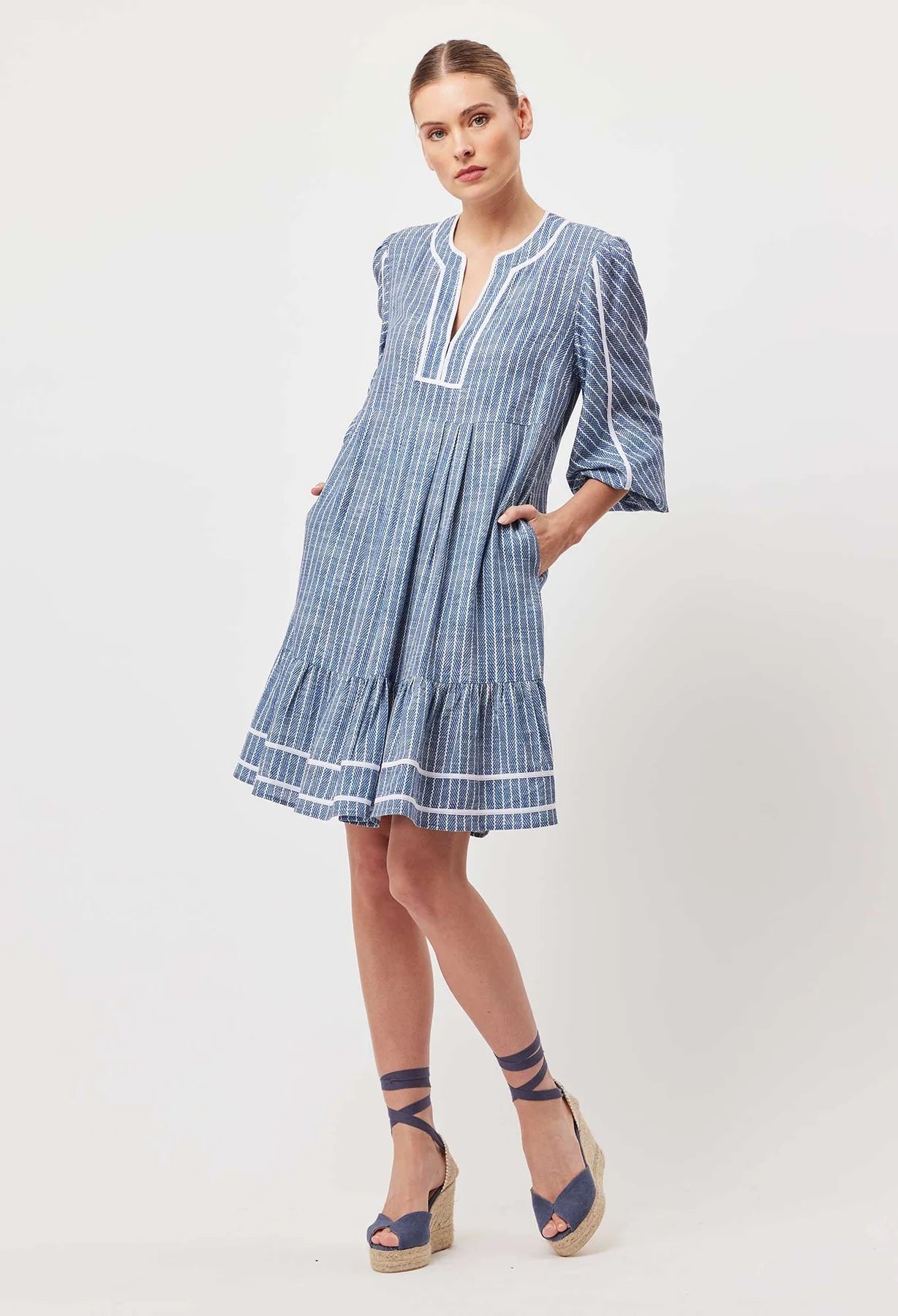 ANTIGUA LINEN VISCOSE BABYDOLL DRESS in Del Mar Stripe from Oncewas