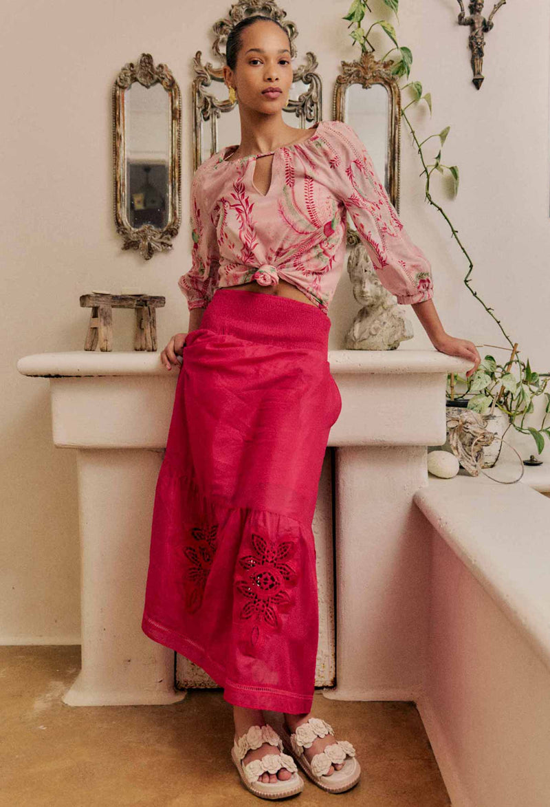 CORDELIA SHIRRED SILK COTTON SKIRT | Ruby