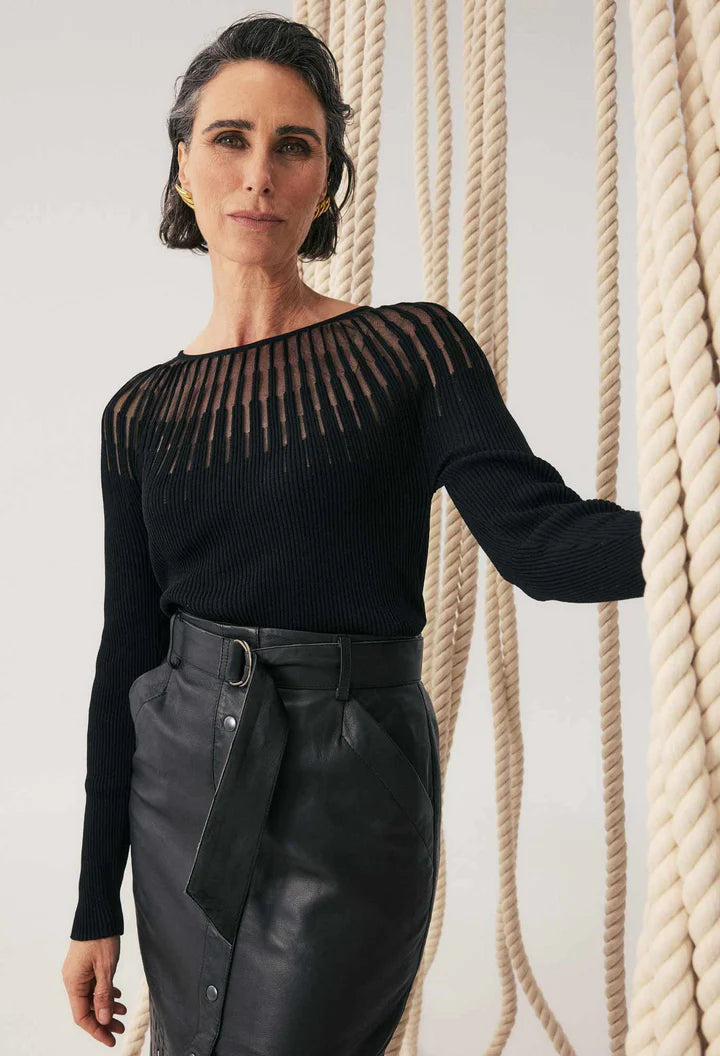RHIANNON SHEER KNIT TOP in Black from Oncewas