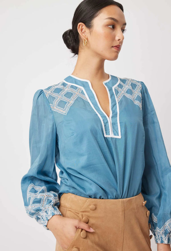MAHRA SILK COTTON BLOUSE in Aegean Blue from Oncewas