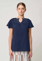 ST LUCIA COTTON SELF STRIPE SMOCKED TOP in Ink from Oncewas