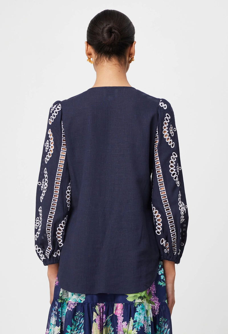 MORGAN EMBROIDERED LINEN VISCOSE BLOUSE in Lapis from Oncewas