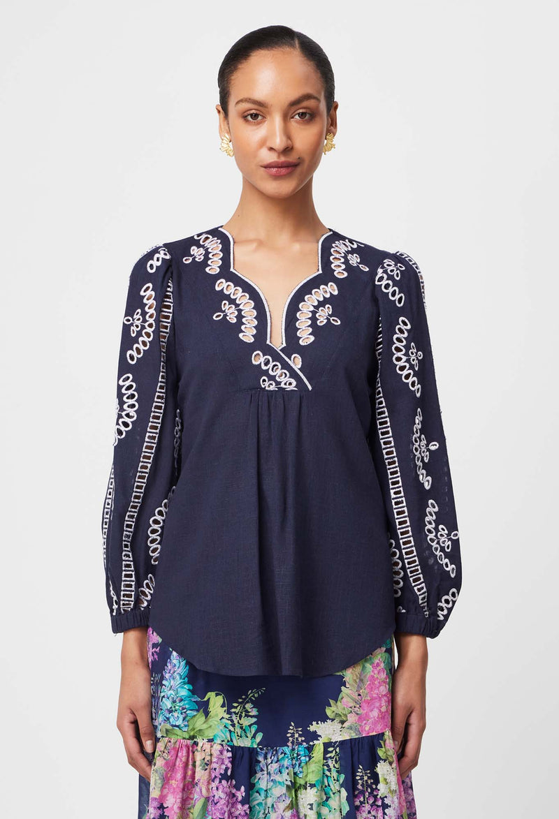 MORGAN EMBROIDERED LINEN VISCOSE BLOUSE in Lapis from Oncewas