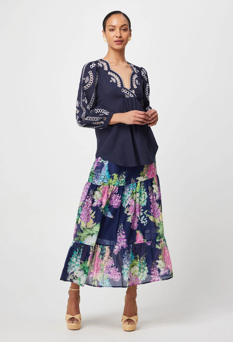 MORGAN EMBROIDERED LINEN VISCOSE BLOUSE in Lapis from Oncewas