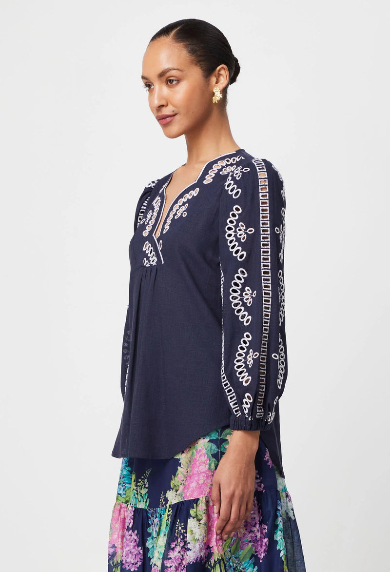 MORGAN EMBROIDERED LINEN VISCOSE BLOUSE in Lapis from Oncewas