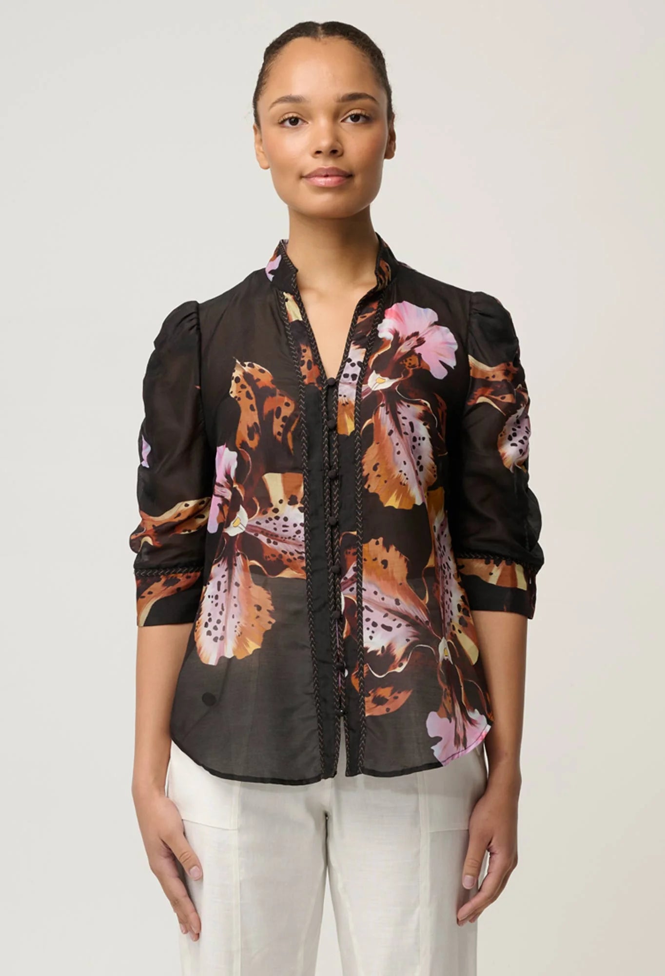CALANTHACOTTON SILK SLEEVE SHIRT in Sunset Orchid from Oncewas