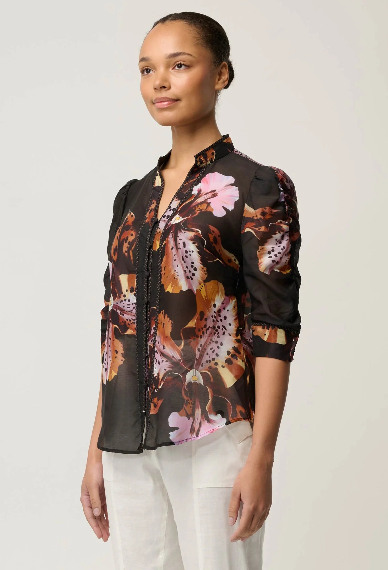 CALANTHACOTTON SILK SLEEVE SHIRT in Sunset Orchid from Oncewas