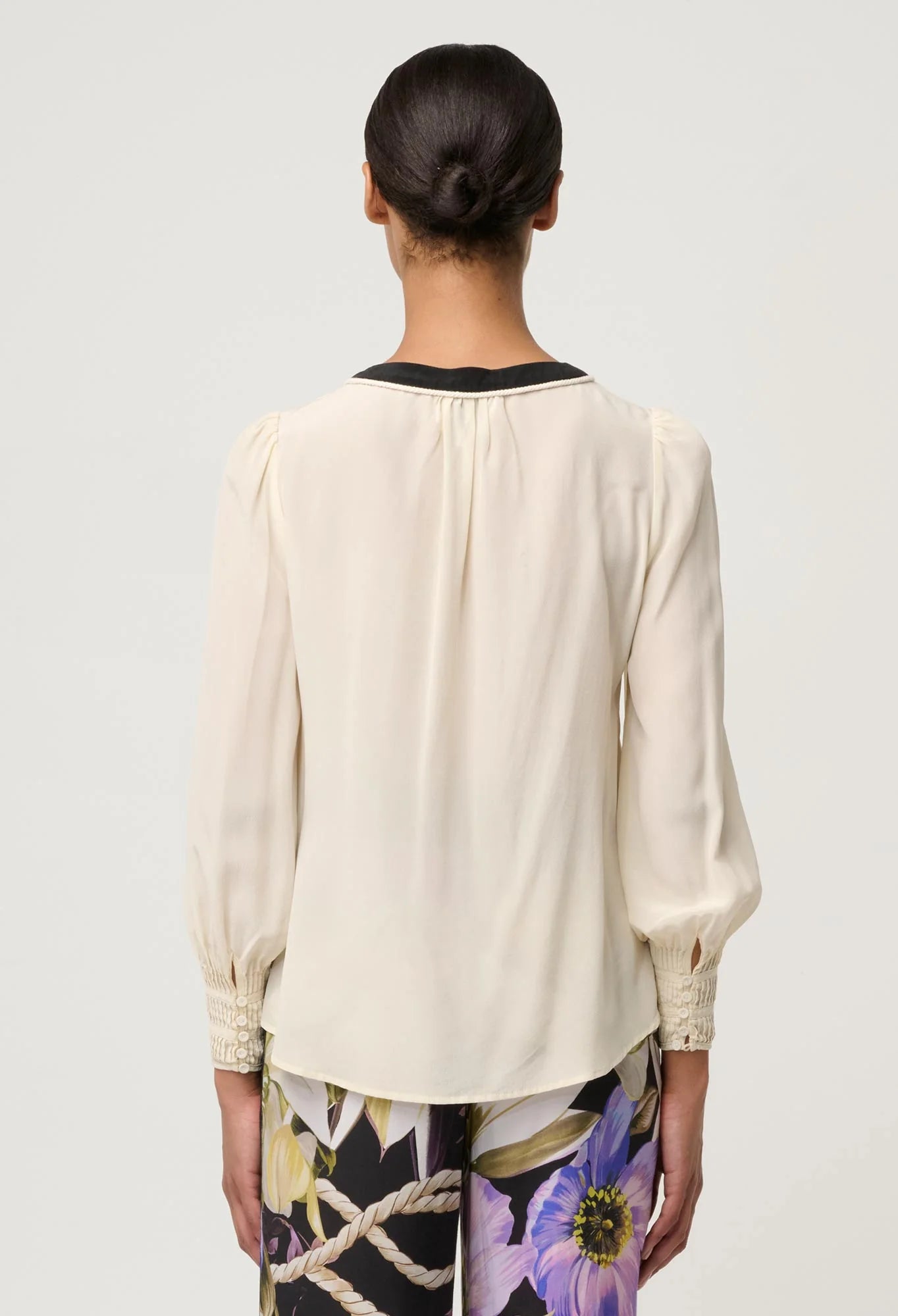 IRIS PLEATED CUFF SILK BLOUSE in Cloud from Oncewas