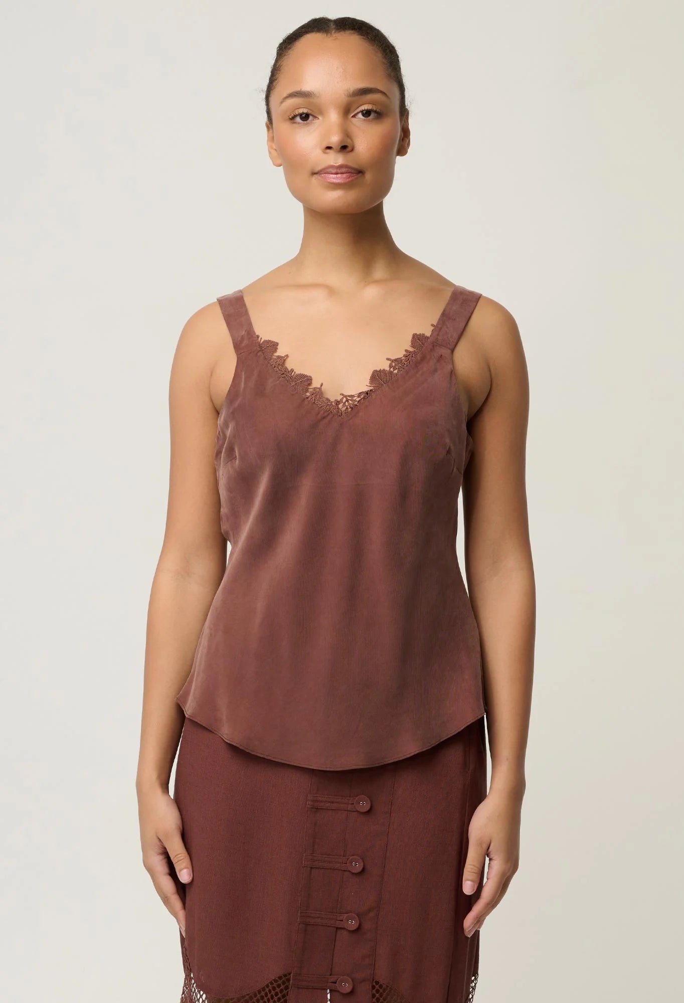 JULIEN CUPRO BLEND LACE TRIM CAMI in Rosewood from Oncewas