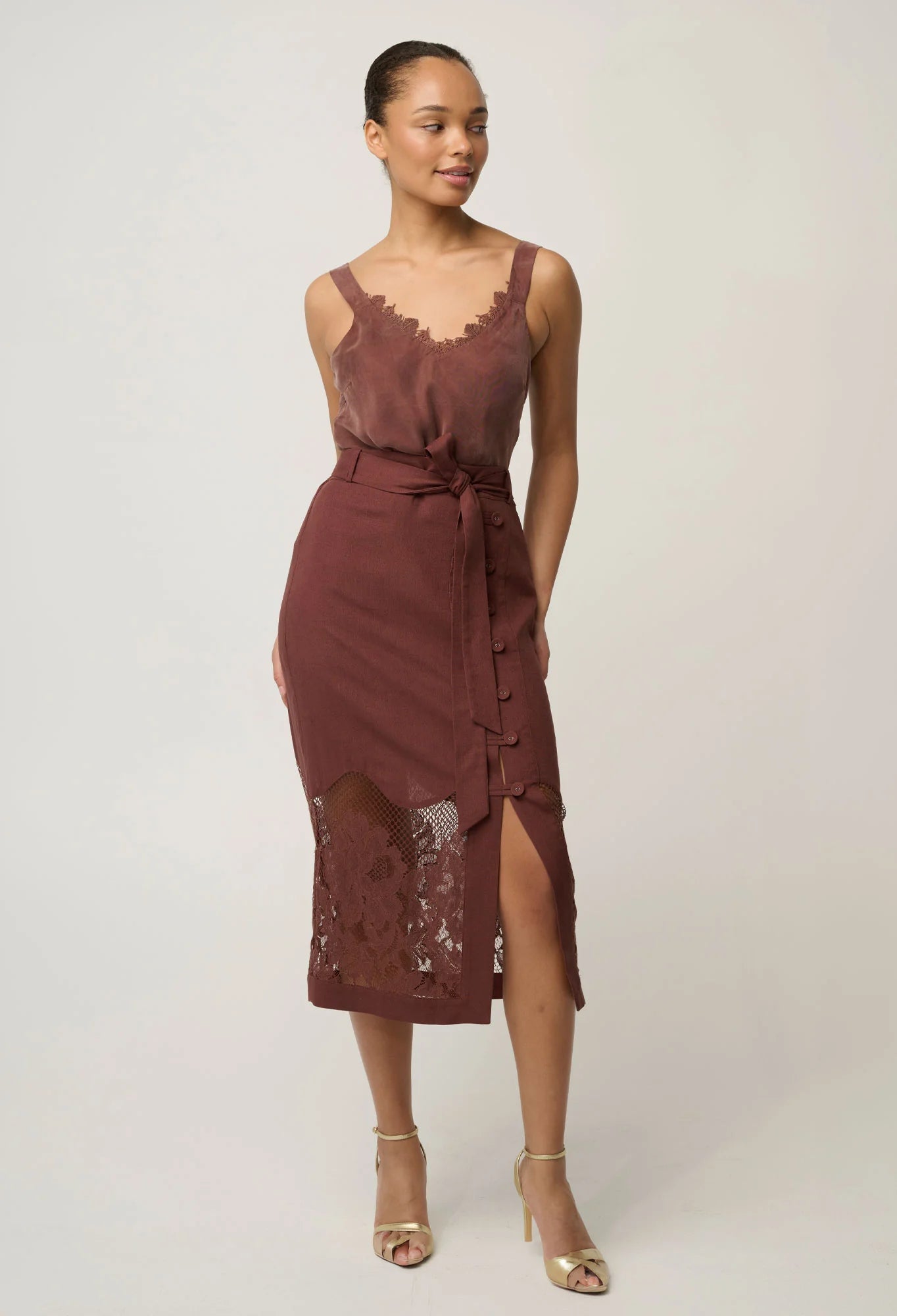 JULIEN CUPRO BLEND LACE TRIM CAMI in Rosewood from Oncewas