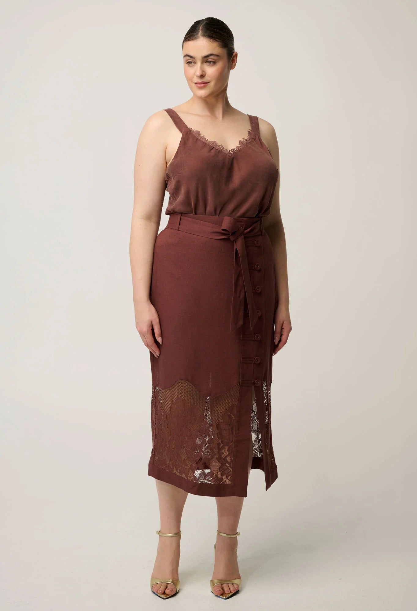 JULIEN CUPRO BLEND LACE TRIM CAMI in Rosewood from Oncewas