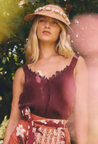 JULIEN CUPRO BLEND LACE TRIM CAMI in Rosewood from Oncewas