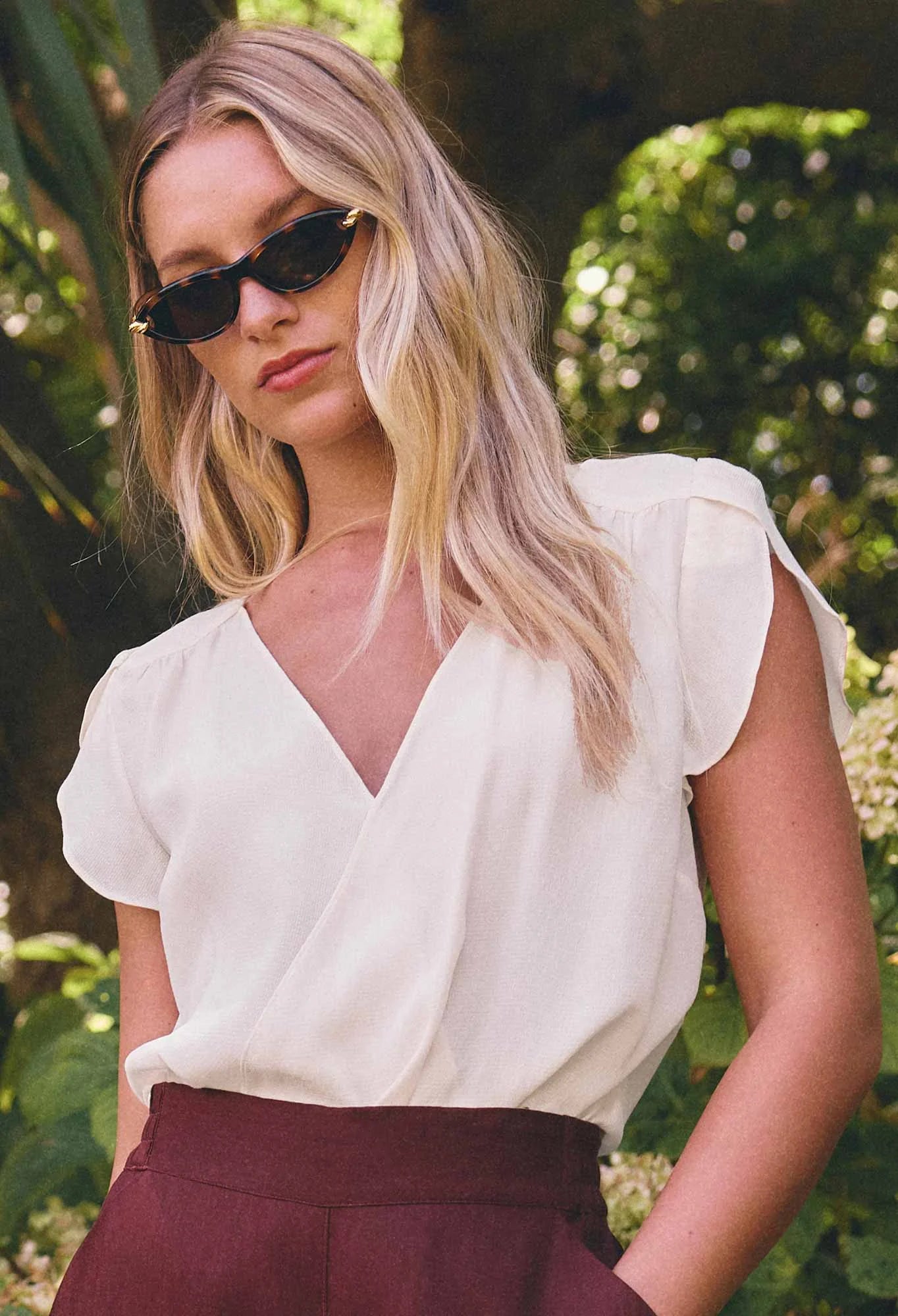 KASIA CUPRO CROSSOVER PETAL SLEEVE BLOUSE in White from Oncewas