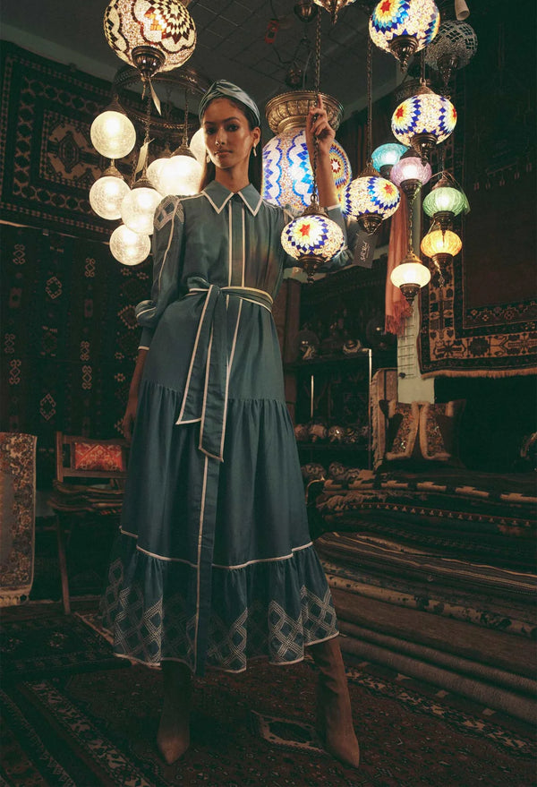 TALLITHA COTTON SILK SHIRT DRESS in Aegan Blue from Oncewas