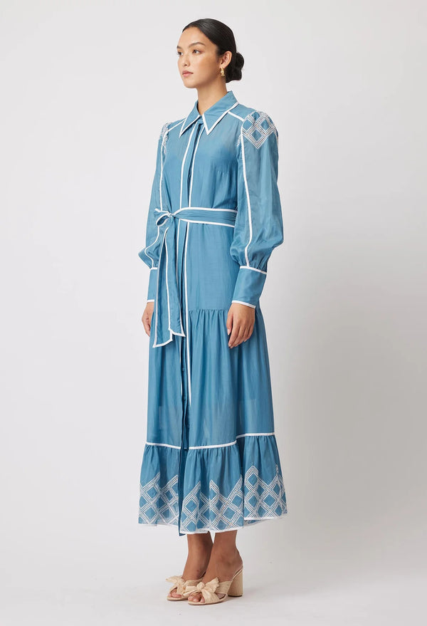 TALLITHA COTTON SILK SHIRT DRESS in Aegan Blue from Oncewas