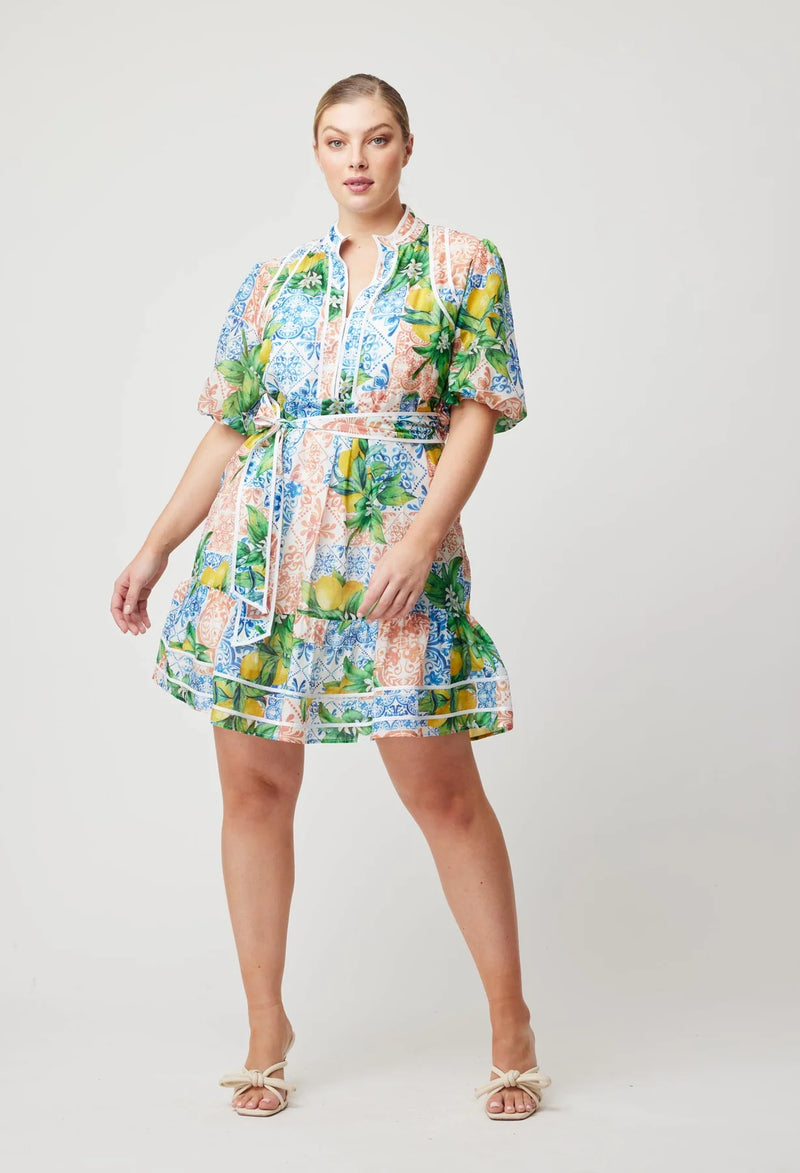 LUCIA COTTON SILK BABYDOLL DRESS in Limonata Print from Oncewas