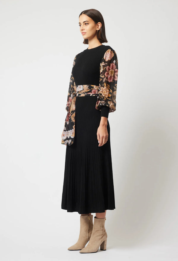 EMPRESS MERINO WOOL KNIT DRESS in Black + Winter Floral from Oncewas