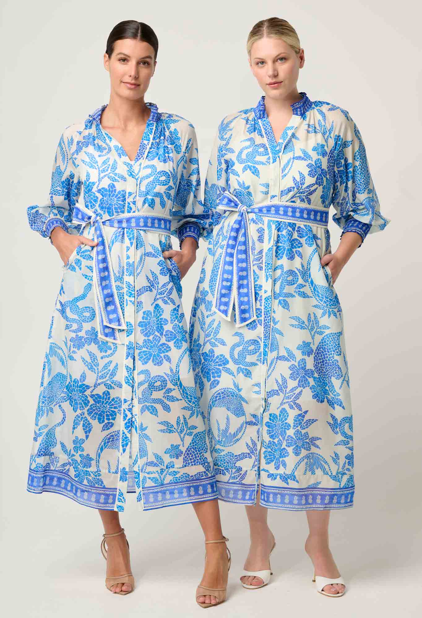 CARMEN SILK COTTON MAXI DRESS in exclusive print, Azure Mosaic from Once Was